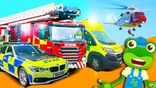 Emergency Vehicles Geckos Real Vehicles  Fire Truck Police Car and More  Learning For Kids [upl. by Anahsal860]