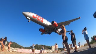 Skiathos airport jet blasts and insane low landings 4K [upl. by Ahsiliw779]