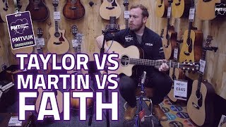 High End Acoustic Shootout  Taylor 214CE Vs Martin GPCRSGT Vs Faith High Gloss [upl. by Annej]