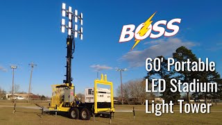 60 Foot LED Portable Stadium Light Tower Aerial Demo  Boss Light Tower Rentals [upl. by Yeta]