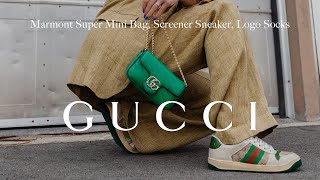 GUCCI UNBOXING  REVIEW  Marmont Super Mini Bag Screener Sneakers Gucci Logo Socks  woahstyle [upl. by Adrahc965]