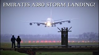 Emirates A380 Storm Landing With Extreme Crosswind at Amsterdam Airport [upl. by Ynnol]