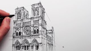 How to Draw Notre Dame Cathedral Buildings in Perspective [upl. by Aniretac]