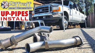 2001 F350 73  RiffRaff UpPipes Install  Stock up pipes leaking and falling apart JUNK SP [upl. by Sul]