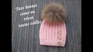 TUTO BONNET POINT COEUR AU TRICOT Heart beanie hat knitting GORRO PUNTO CORAZON DOS AGUJAS [upl. by Klarika]