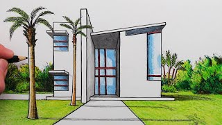 How to Draw a Modern House in 1Point Perspective Narrated [upl. by Zosi]