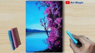 12  Oil Pastel Drawing  How to Draw Realistic Riverside Landscape Nature painting step by step [upl. by Zavala352]