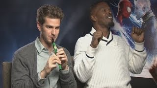 FUNNY INTERVIEW Andrew Garfield plays the flute while Jamie Foxx raps [upl. by Consolata44]