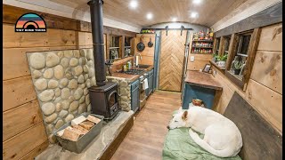 Couples DIY Off Grid Raised Roof School Bus Conversion Tiny House [upl. by Sorenson]