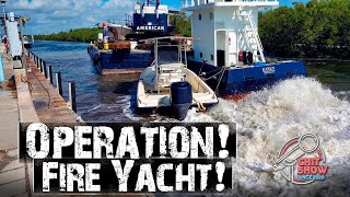 Giant Barge Removes Burned Yacht out of Biscayne Bay Tow Boat Miami [upl. by Aicilas347]