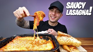 MUKBANG EATING Cheesy Lasagna  Pizza Hut Bread Sticks And Garlic Bread [upl. by Eiramlatsyrc48]